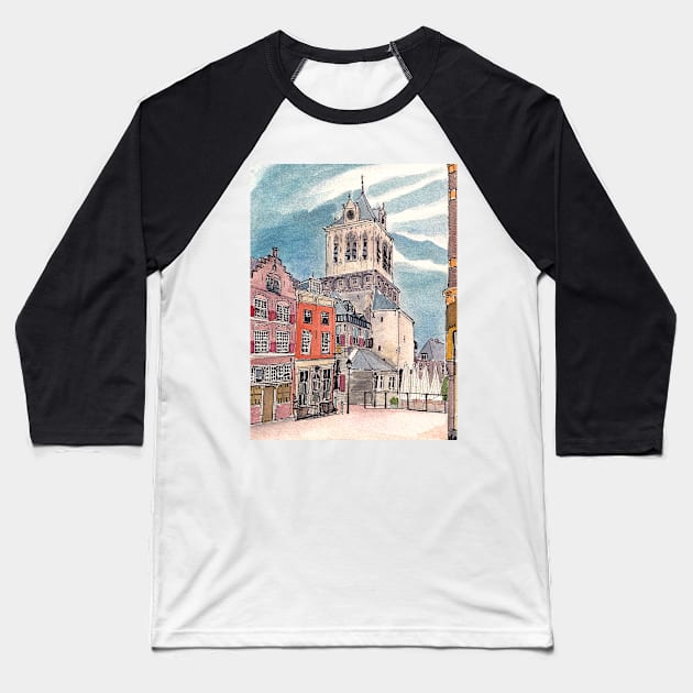 Cityhall Delft Netherlands Watercolor Illustration Baseball T-Shirt by Wall-Art-Sketch